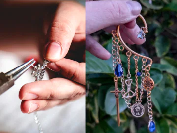 Hands using jewellery making tools. Hand holding up completed ear cuff. 