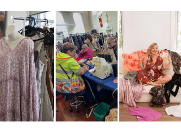Three separate images showing a Curated Wardrobe, Swan Repair Cafe and a woman sitting on a couch surrounded by clothes
