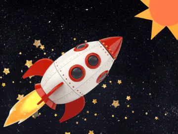 A craft spaceship, paper stars and a paper sun in space