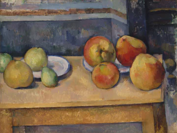 An oil painting of apples on a table
