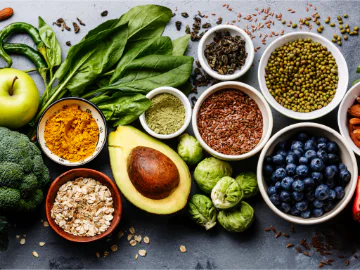 Fruits, vegetables and seeds in bowls