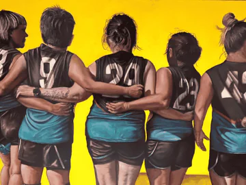 Painting of football players standing with their arms around each 