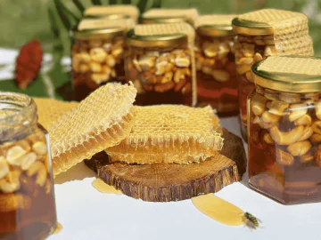 Pieces of honeycomb, jars of honey and a bee on a table