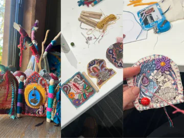 A face and eye made using fabrics stitched together