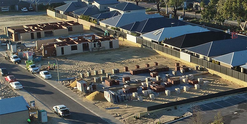 An aerial view of houses being built in Ellenbrook