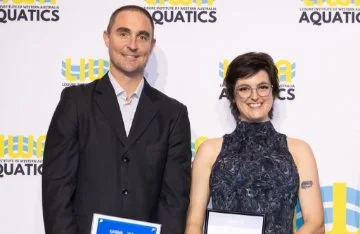 Accepting the Peter Hobson Community Impact Award are Jarrad Mohr, Manager, Leisure Services, and Naomi Corteen, Grants and Sponsorship Officer