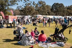 A wide shot of a park festival with multiple families/people seated and walking around