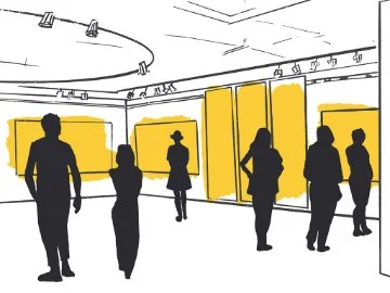 An illustration showing people walking through an open space