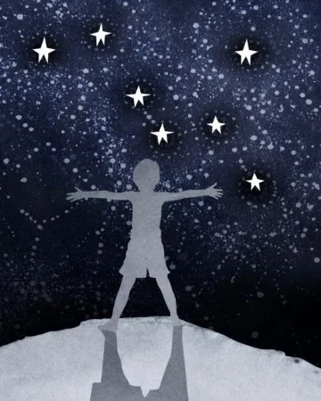 A stylised illustration shows a silhouetted child with outstretched arms standing on a small hill beneath a dark blue, star-filled sky with scattered white stars and speckled patterns.