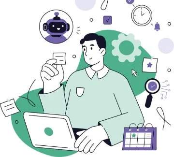 An illustration showing a robot talking to a man working on a laptop