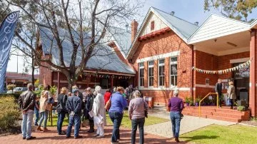 People gathering outside Midland Junction Arts Centre