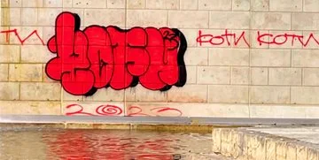 Graffiti on a wall next to a lake