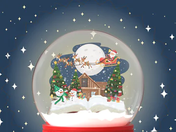 Santa Claus driving a reindeer above a log cabin, snowmen and an open book inside a snowglobe