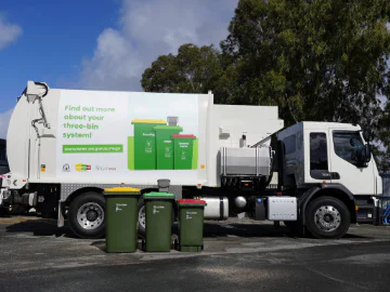 A City of Swan waste truck and the three-bin kerbside collection system.