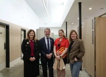 City of Swan Mayor, CEO, leisure staff and Tania Lawrence stand together in the Swan Active Midland changerooms.