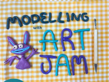 Clay on an orange and white checked background spelling 