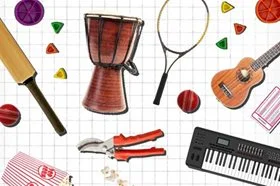 A selection of what's available in the Library of Things including a cricket bat, tennis racquet, and secateurs